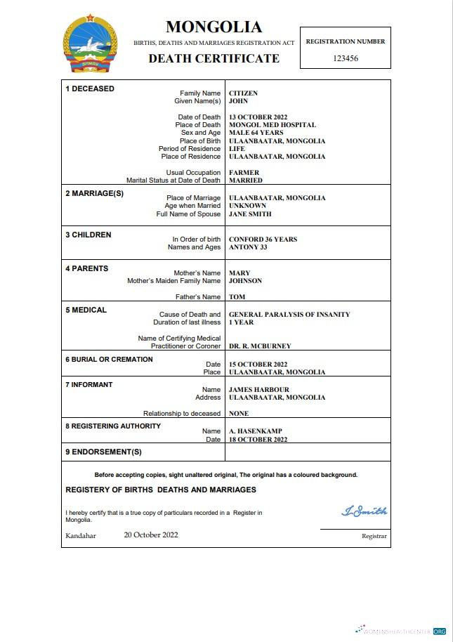Download Mongolia vital record death certificate Word and PDF template Photoshop template